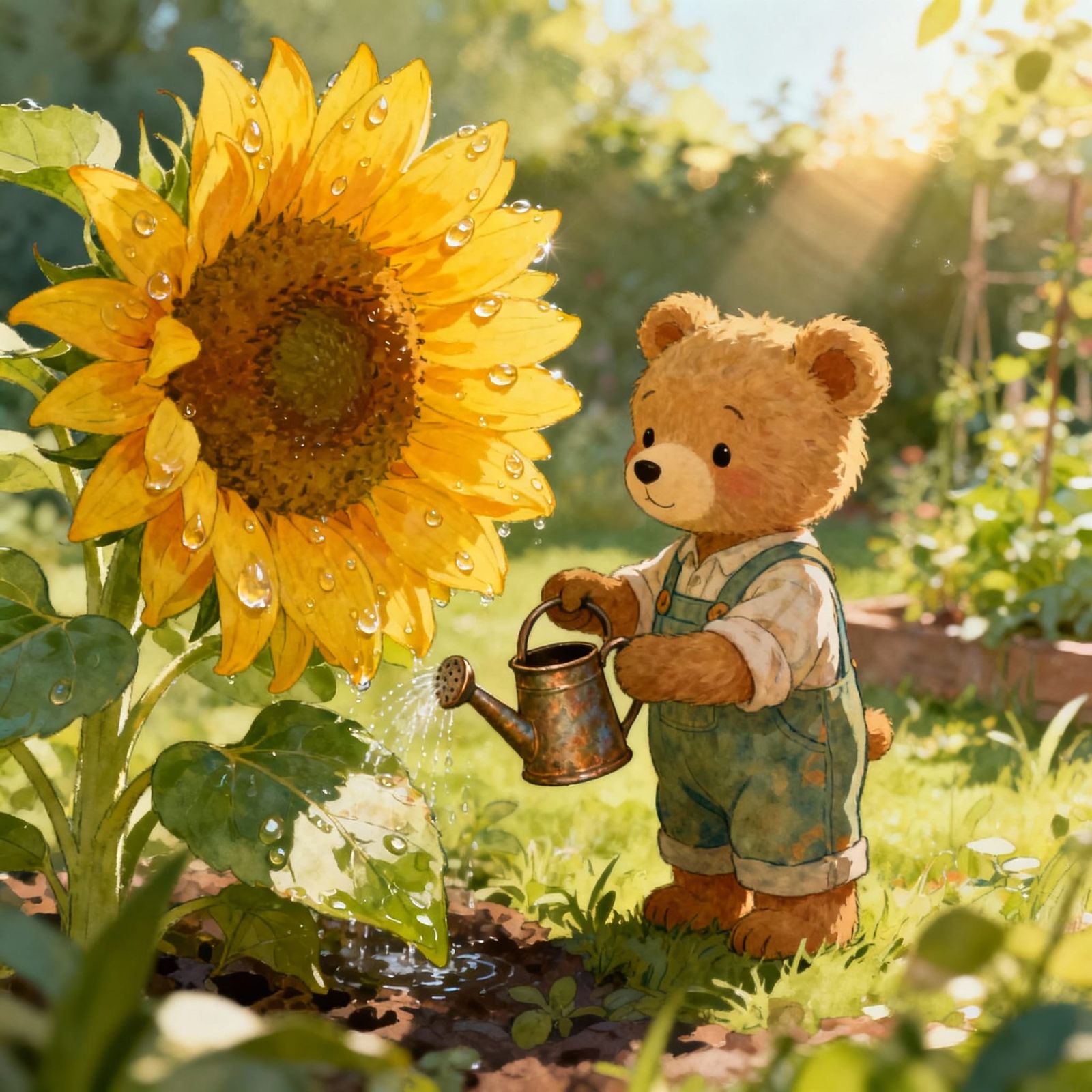 Teddy Bear Waters Giant Sunflower in Storybook Style