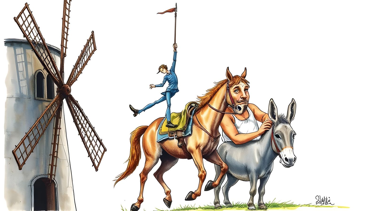 Don Quixote's Wild Ride: Windmill Battle in Quentin Blake St...