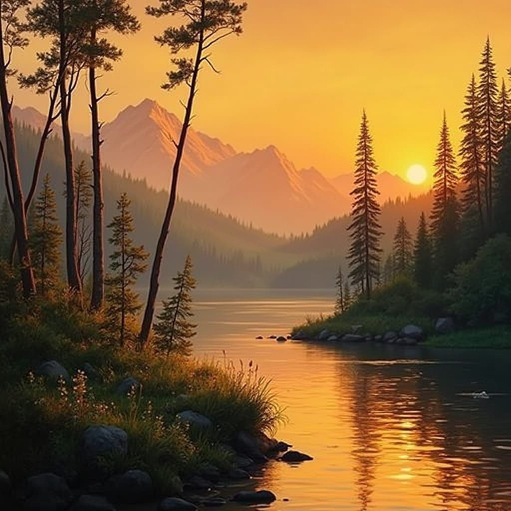 Romantic Landscape with Lake and Mountains