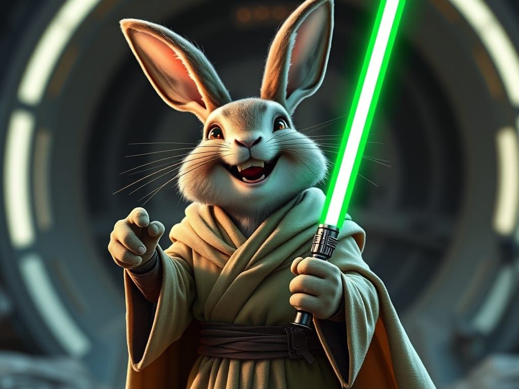 Laughing Rabbit Jedi Knight in Pixar Style