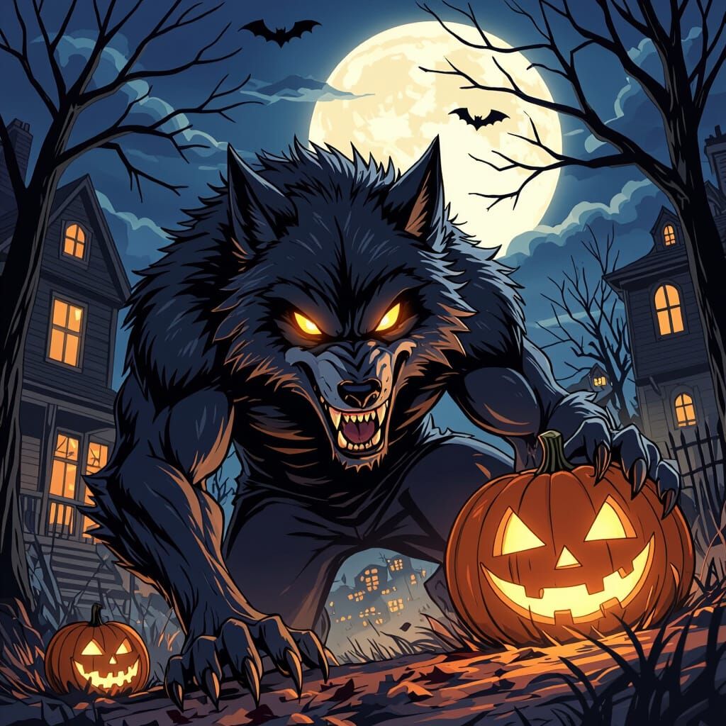 Anime Werewolf on Halloween Night in Comic Art Style