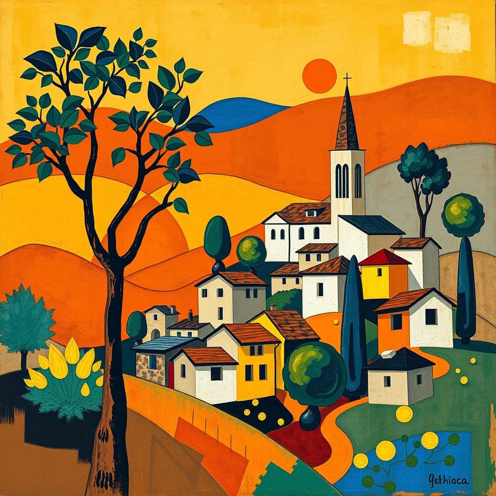 Cubist Hillside Village in Earthy, Vibrant Hues
