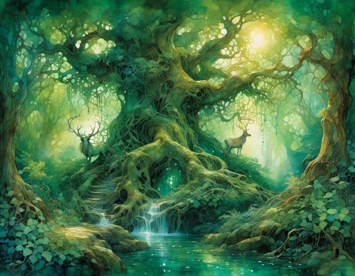 Enchanted Forestscape with Magical Animals in Emerald Greens