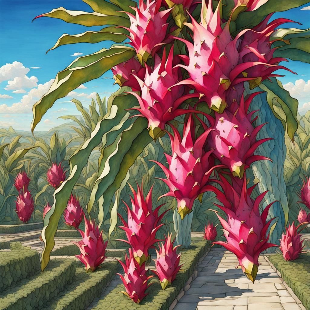Dragon Fruit Plants in Garden: Watercolor Concept Art