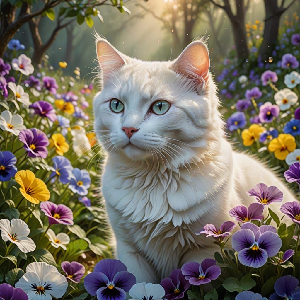 Whimsical White Cat Amidst Colorful Pansies in a Dreamy Mead...