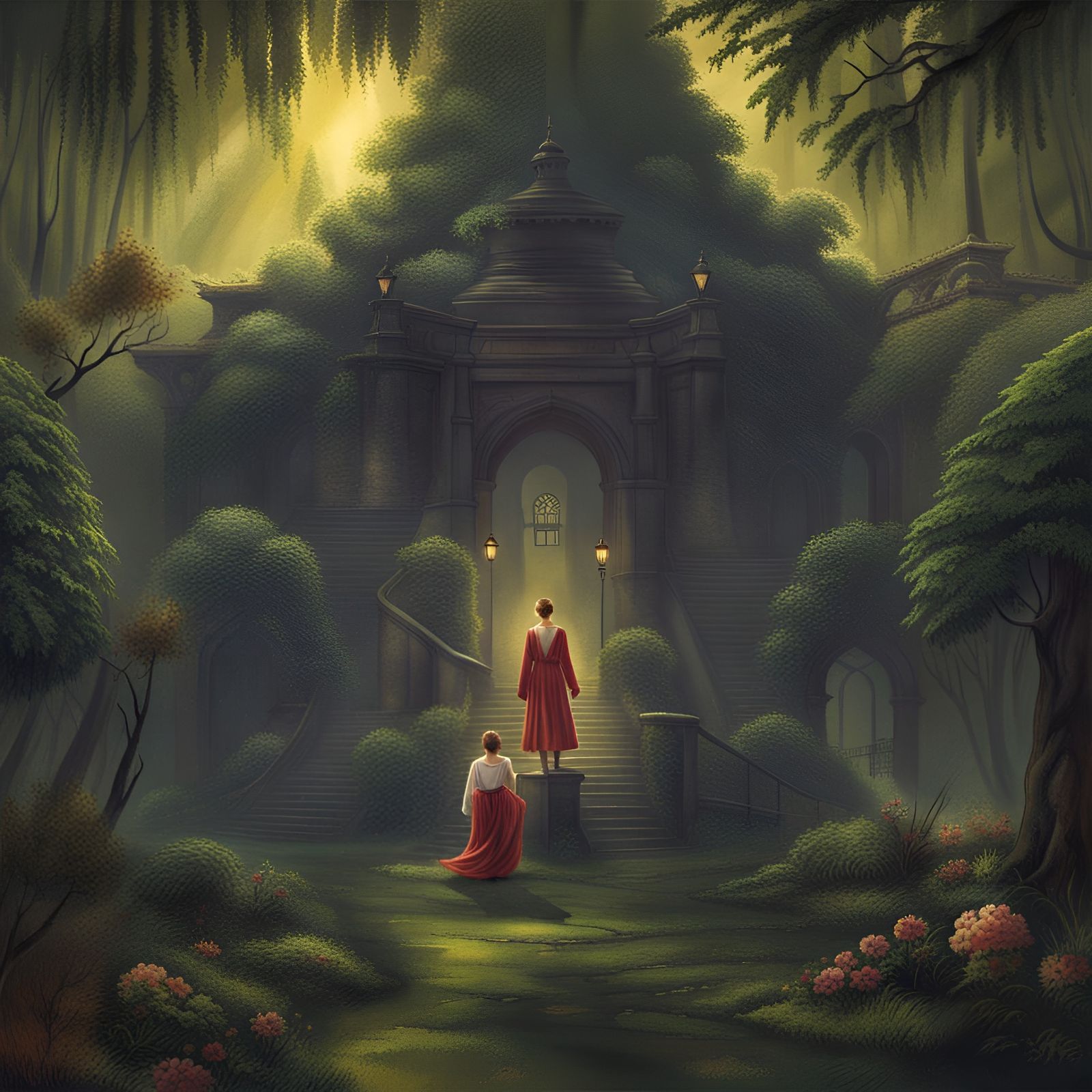 Mystical Buddhist Temple with Flowers in Hyperrealistic Styl...