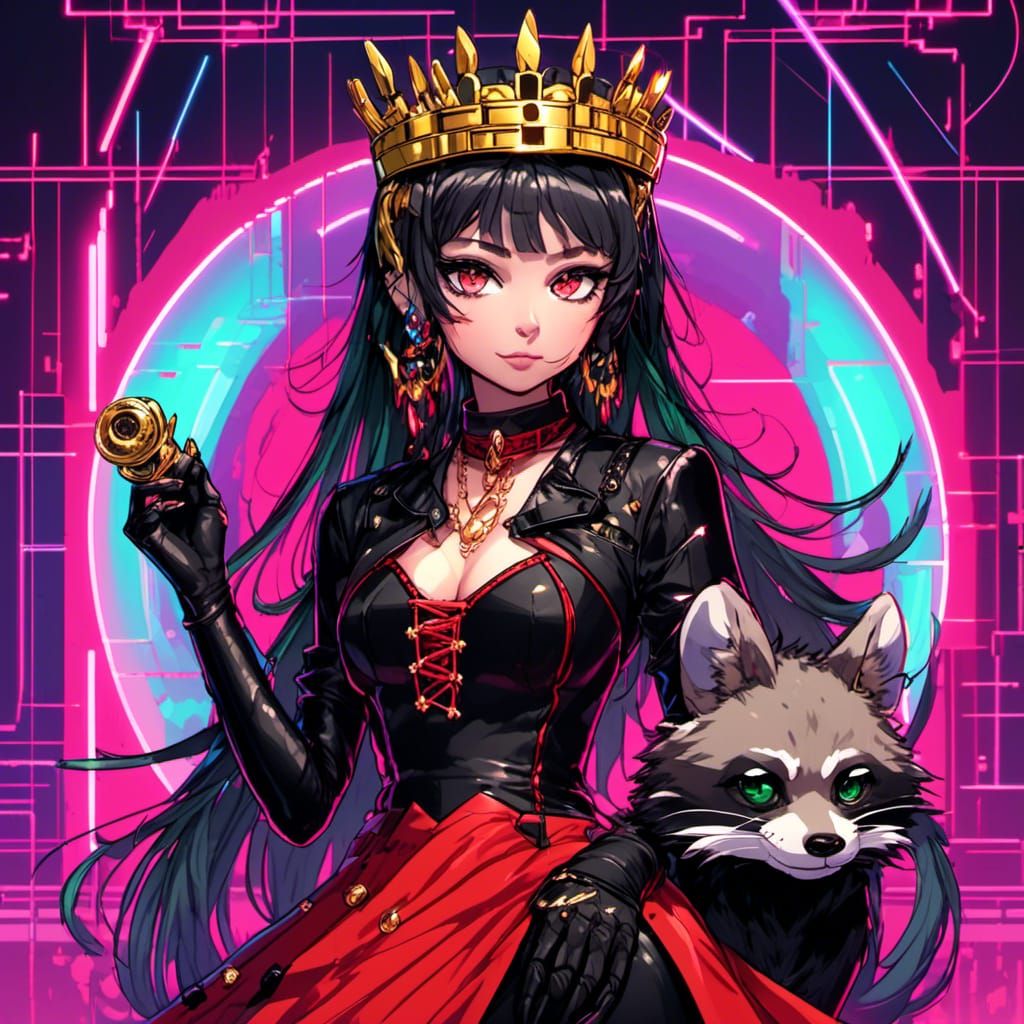 Gothic Latina with Gold Guns and Raccoon