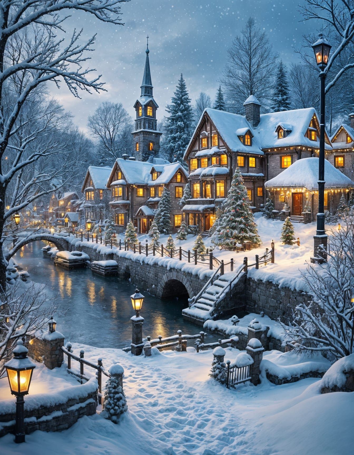 Stunning Christmas Village with Snow and Lamplight