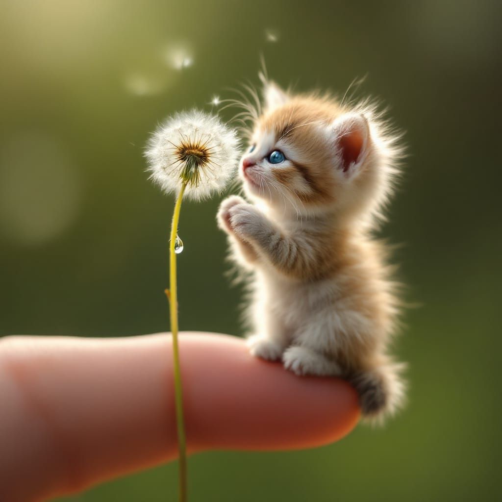 Thumb-Sized Kitten with Dandelion Seed