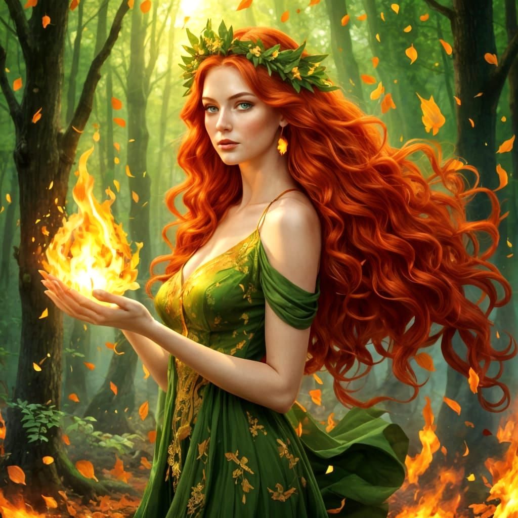Fire Goddess in Autumn Woods Digital Illustration