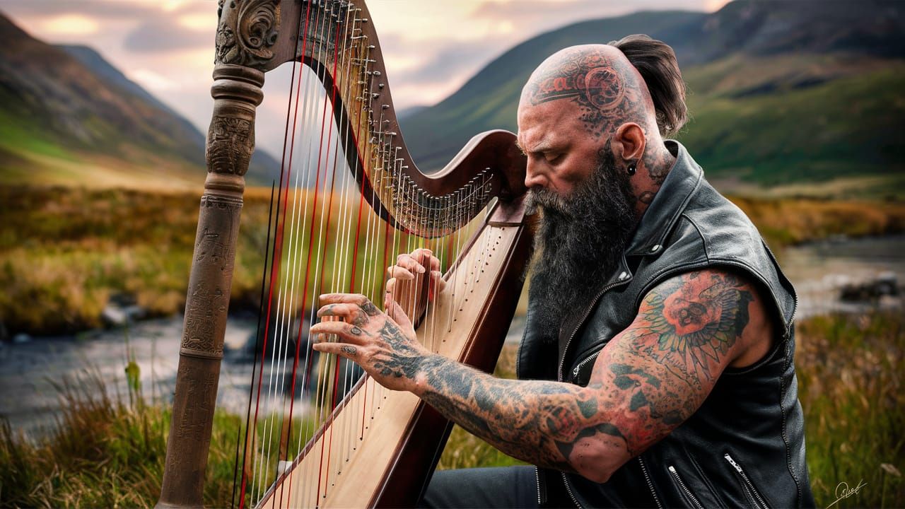 Tattooed Rocker Plays Harp in Nature