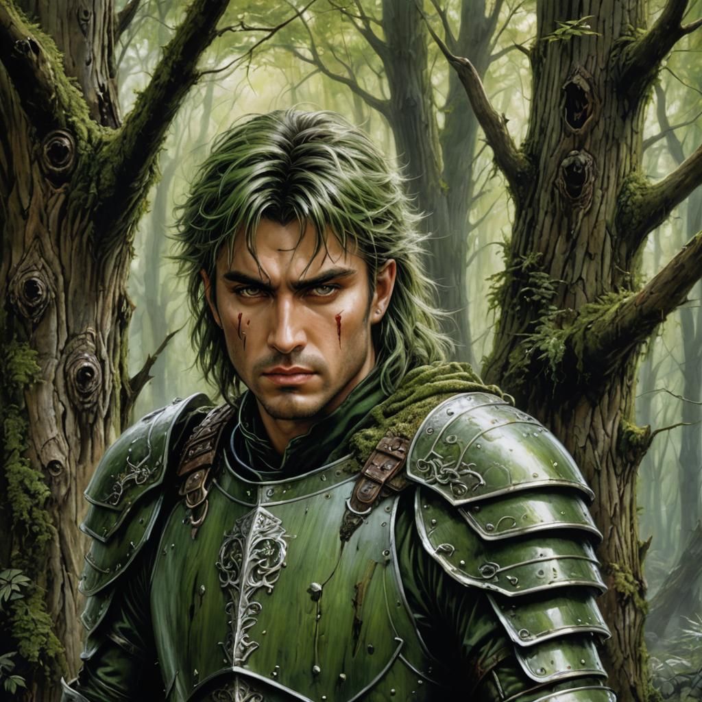Green Knight with Tree Bark Armor, Dark Fantasy Art