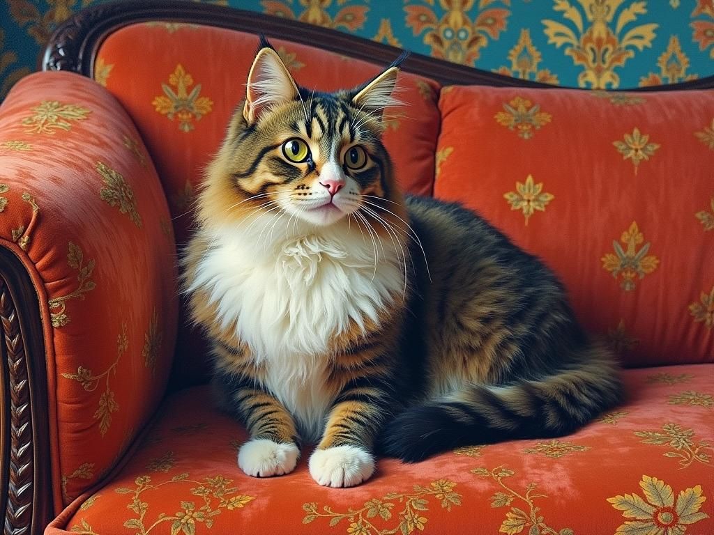 Elegant Cat on Velvet Sofa in Impressionist Style