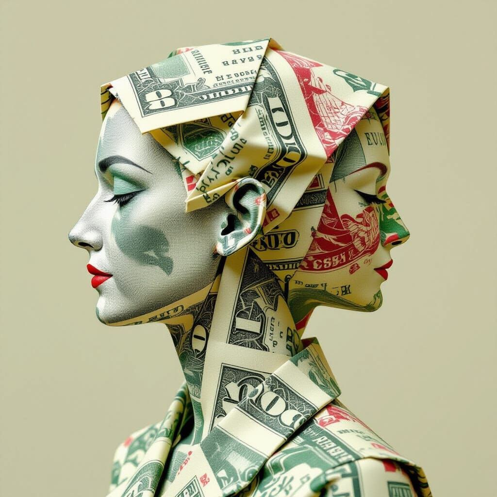 Abstract Human Figures Formed from Folded Currency