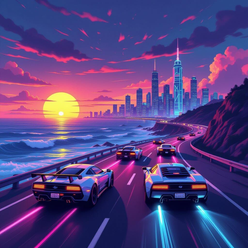 Retro-Futuristic Cars Race to Cyberpunk Cityscape