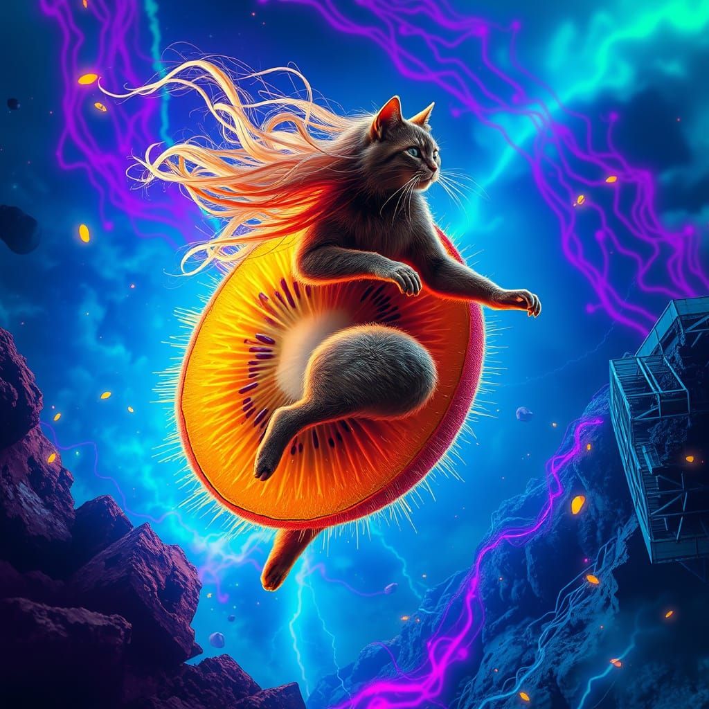 Surrealistic Fusion of Feline and Kiwi in Electric Swirl