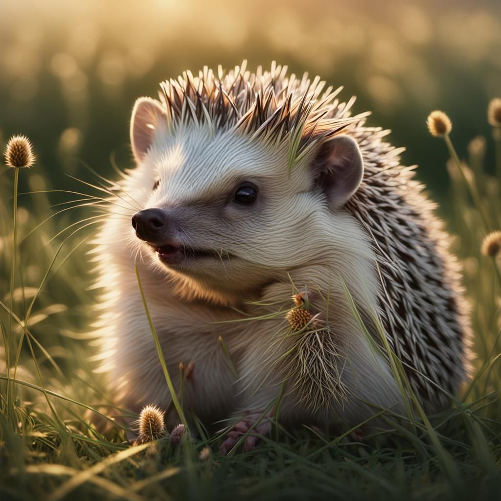Hyperrealistic Sunset Portrait of a Hedgehog in a Serene Mea...