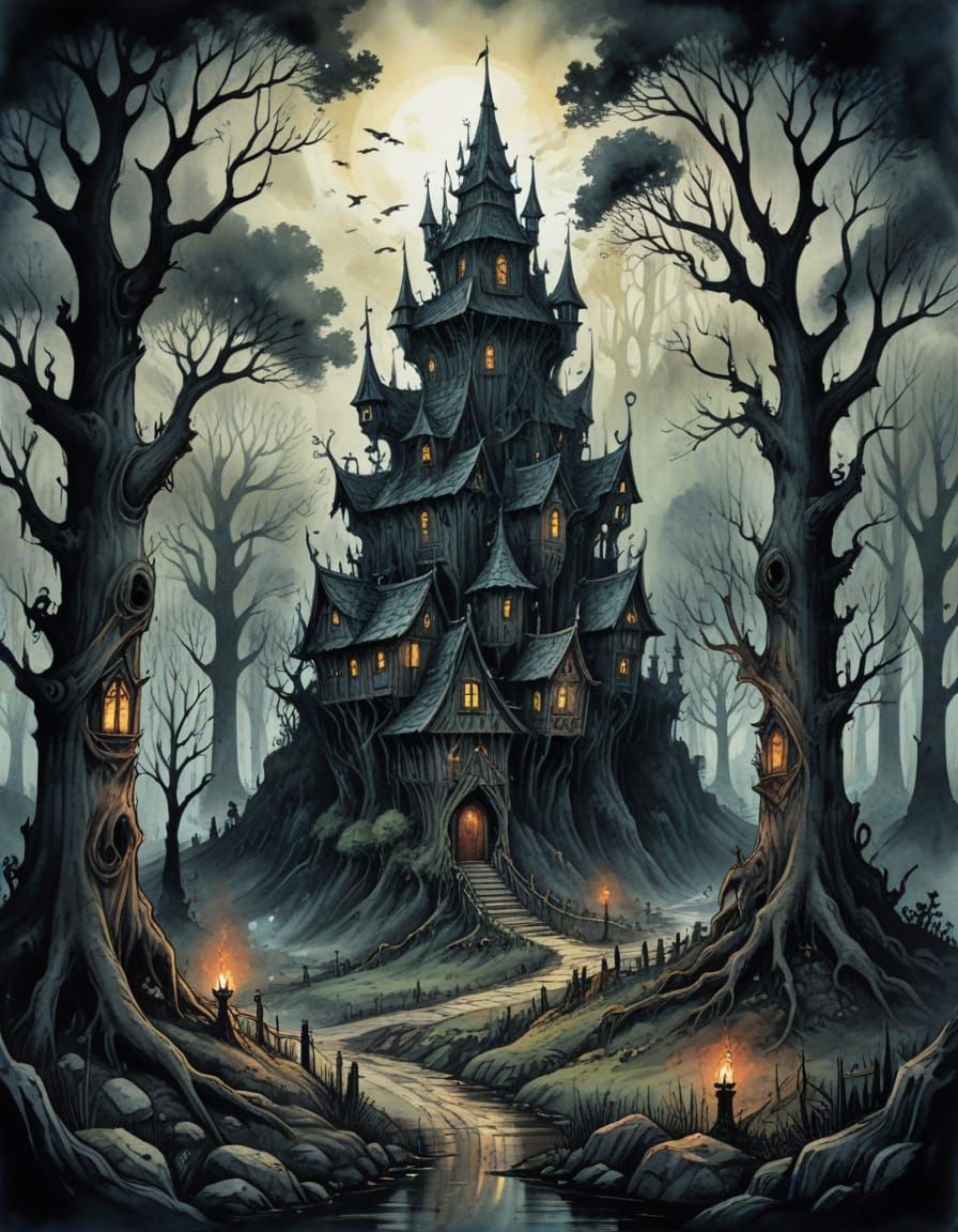 Eerie Dark Fantasy Village in Twisted Medieval Forest
