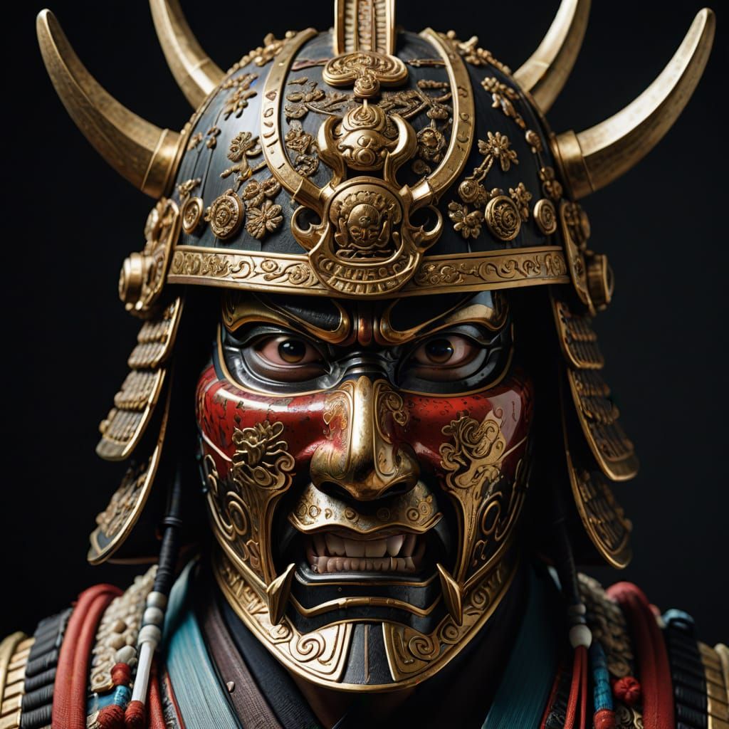 Ornate Samurai Helmet Close-Up Portrait