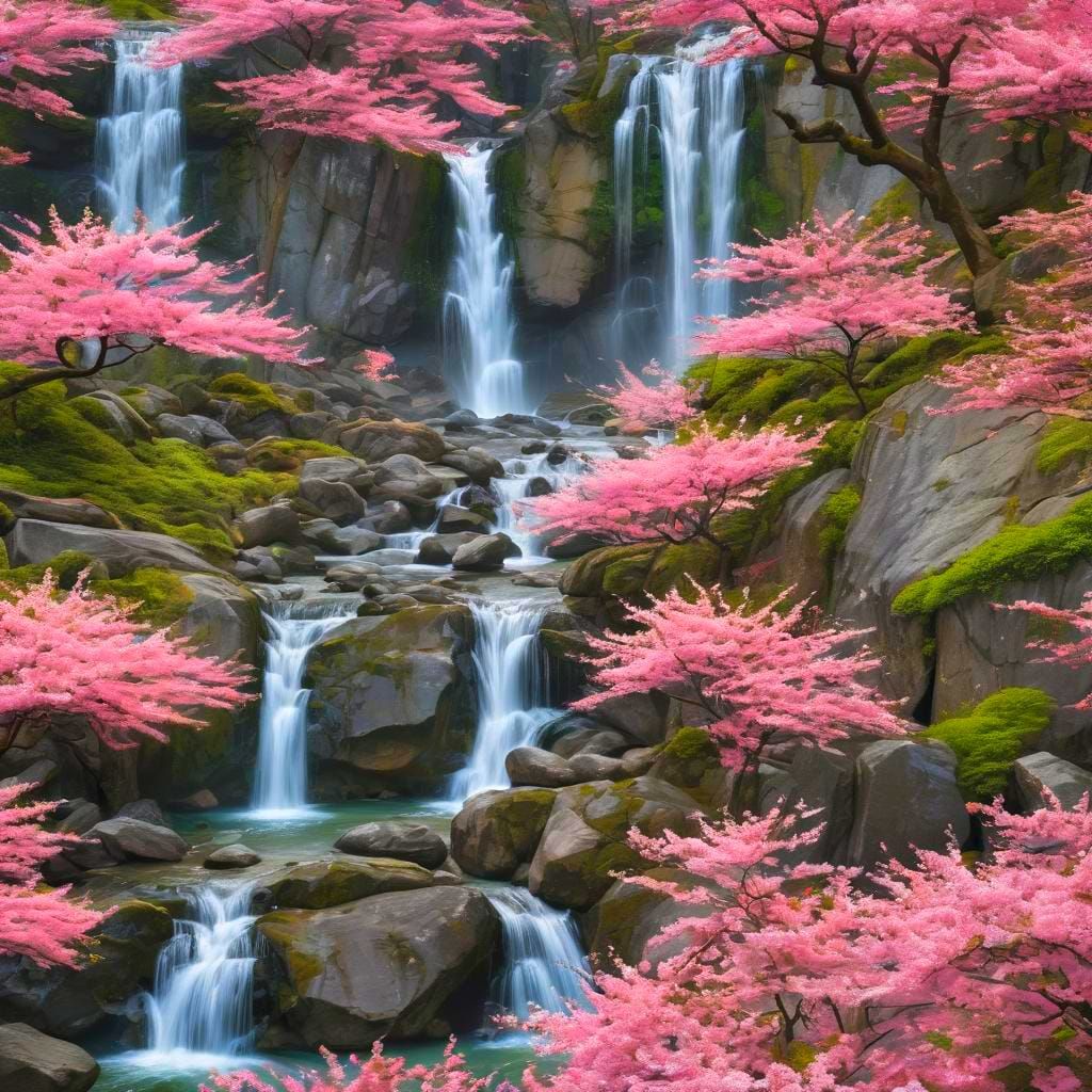 Hyperrealistic Waterfall Scene with Sakura Trees