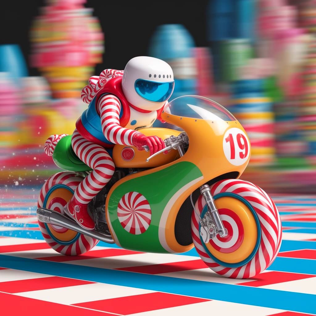Candy Motorcycle Rider in Motion Blur Background