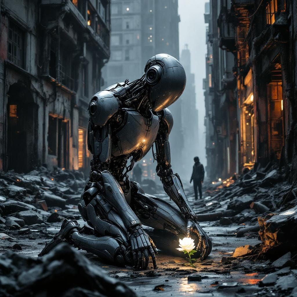 Robot Kneeling with Rose in Ruined City