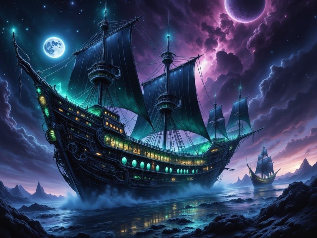 Black Pearl Spaceship in Haunted Nebula