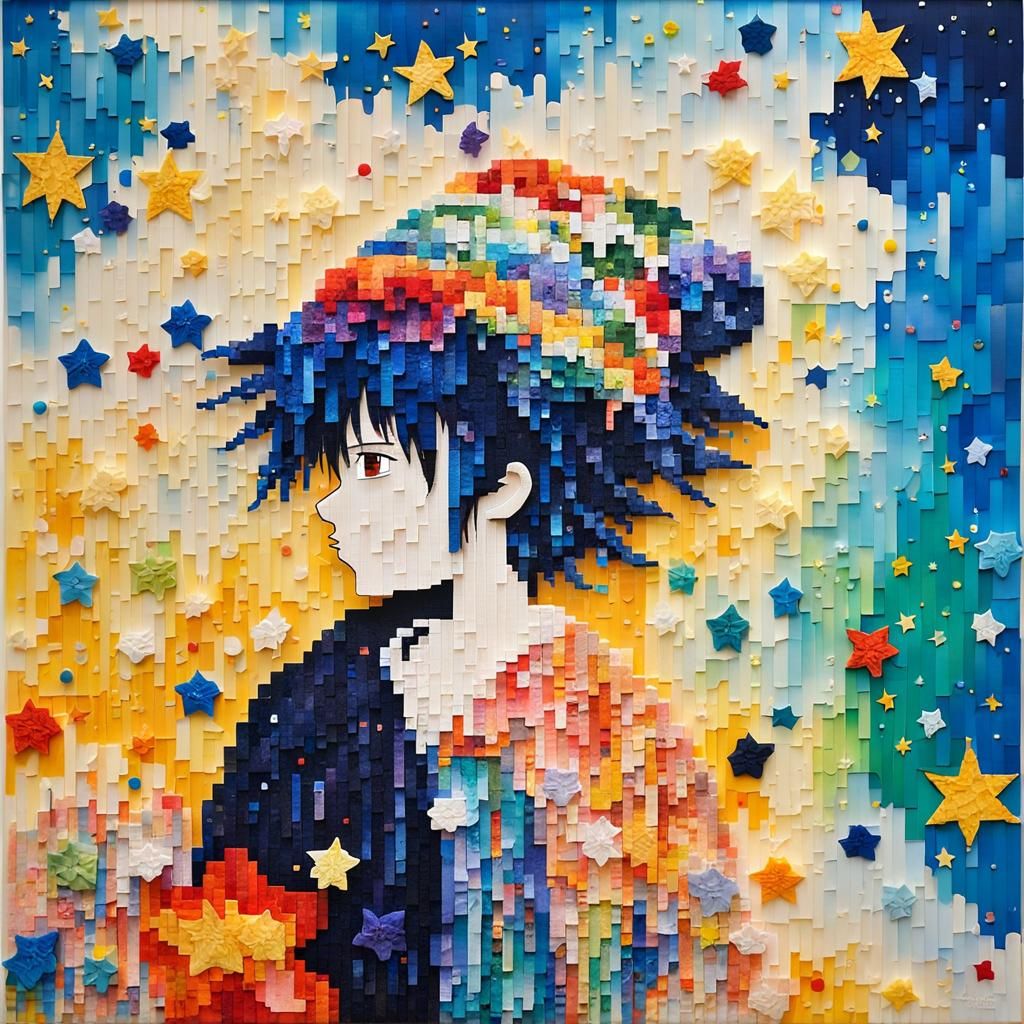 Anime Pixel Art Character with Abstract Starry Night