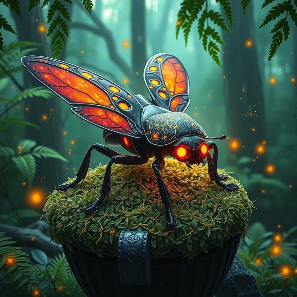 Ethereal Cinder Beetle in Whimsical Forest Glade