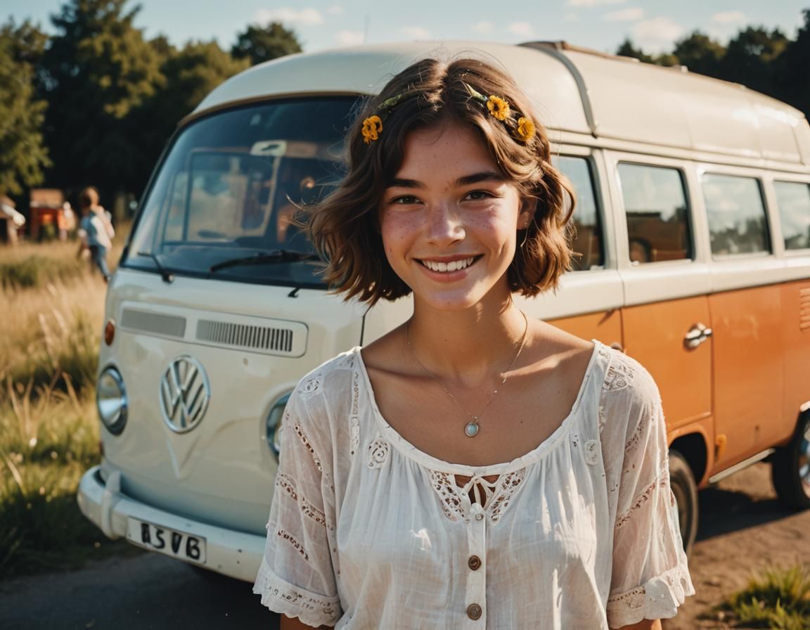 1960s Hippy Woman Portrait with VW Campervan