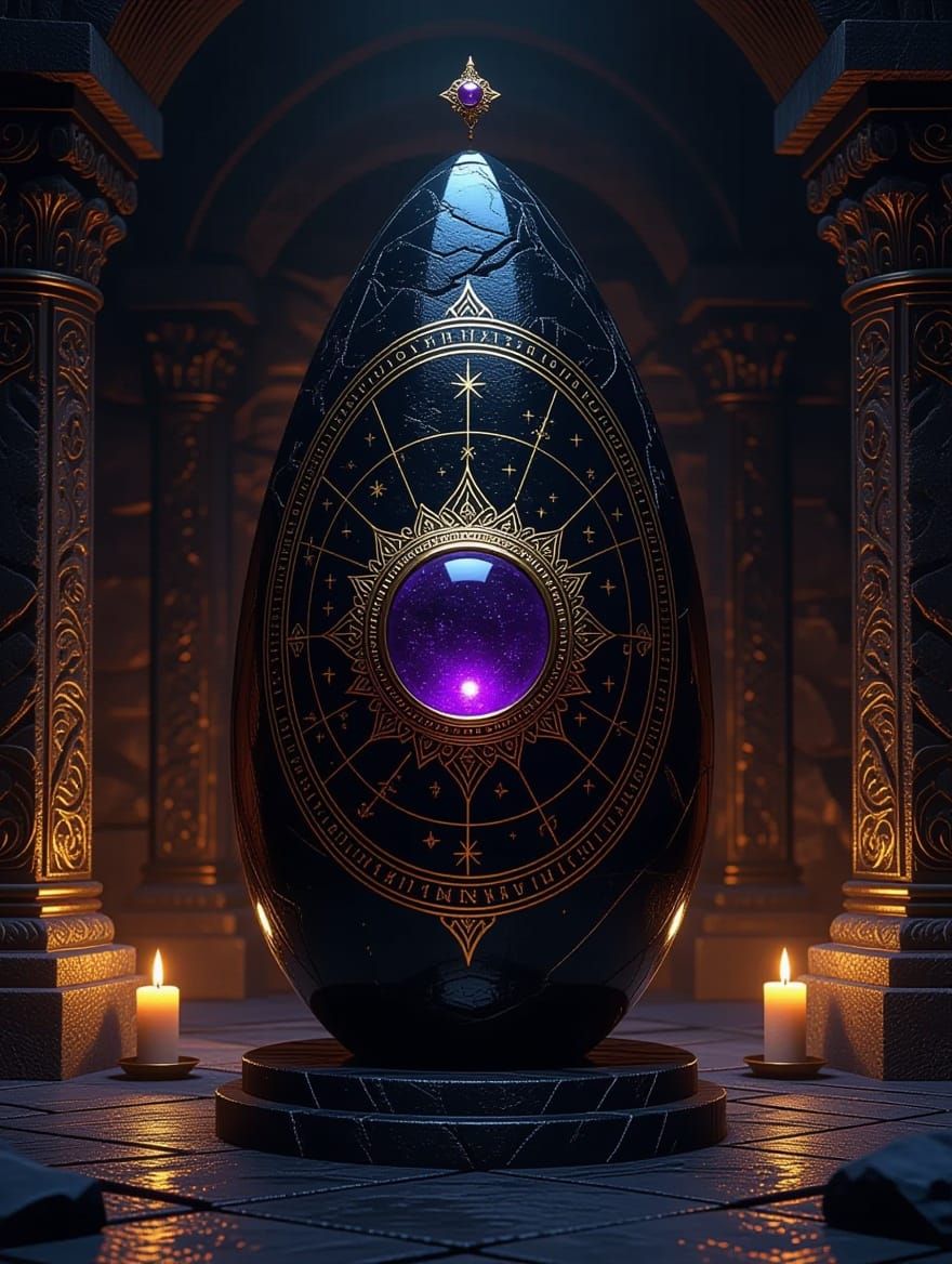 Egg-Shaped Obsidian Obelisk in Ornate Stone Chamber