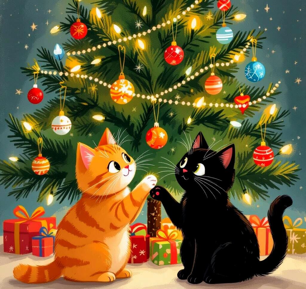 Playful Cats Underneath Christmas Tree