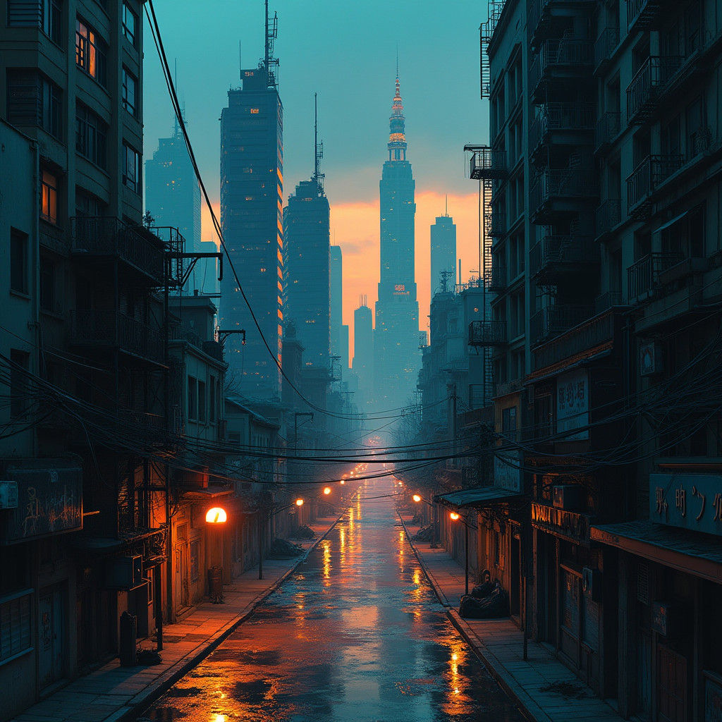 Dystopian Cityscape Contrasts Wealth in Industrial Style