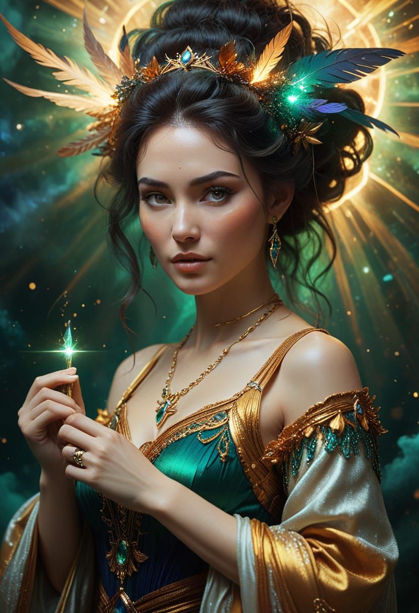 Surreal Galactic Sorcerer Ascends in Whimsical, Art Nouveau-...