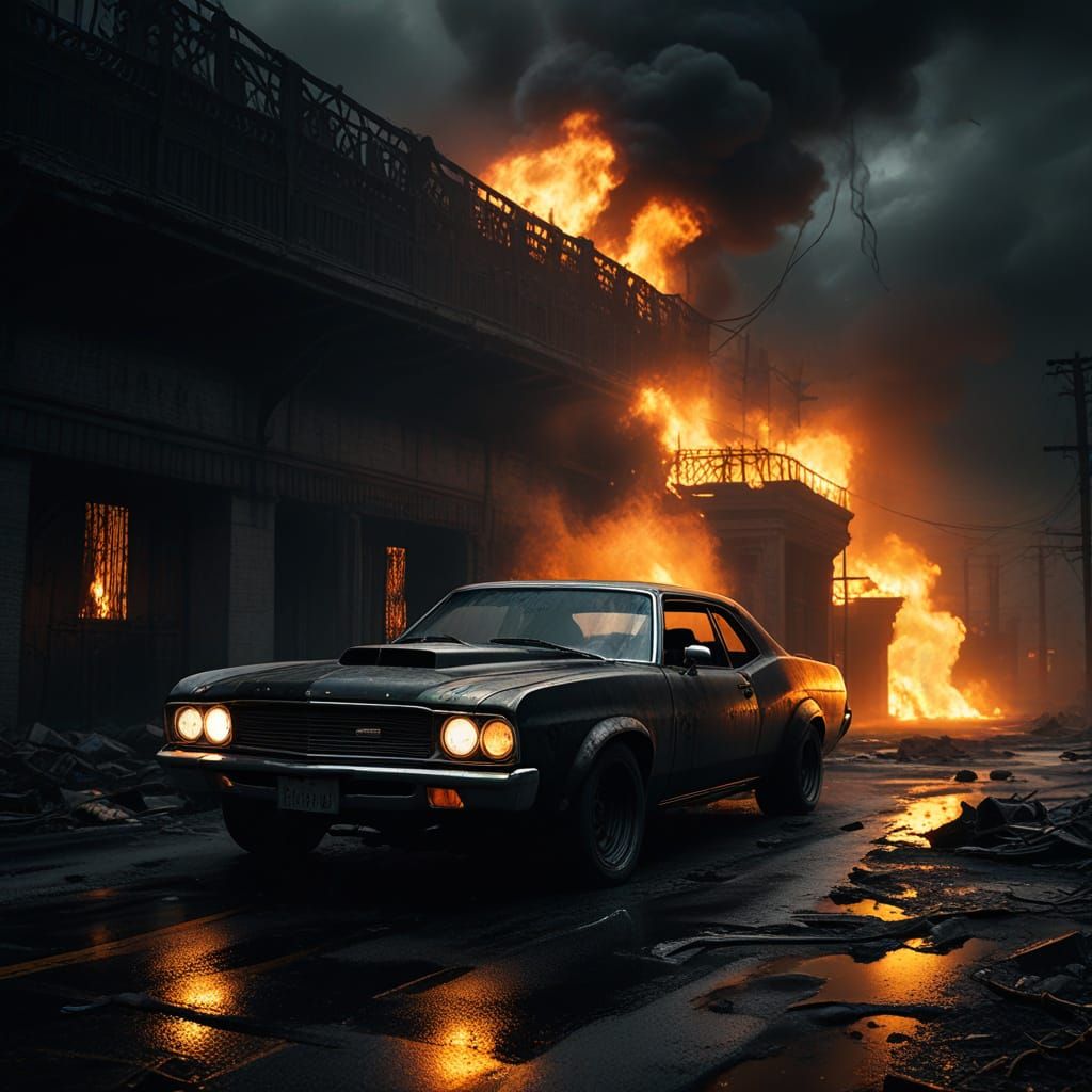 Dark Fantasy Demonic Car in Ruined Cityscape