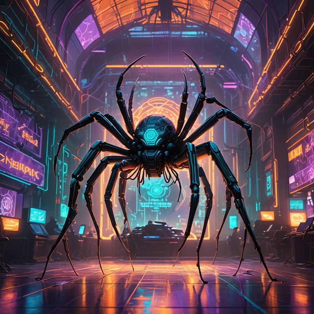 Futuristic Computer Spider in Neon Convention, Cyberpunk Art
