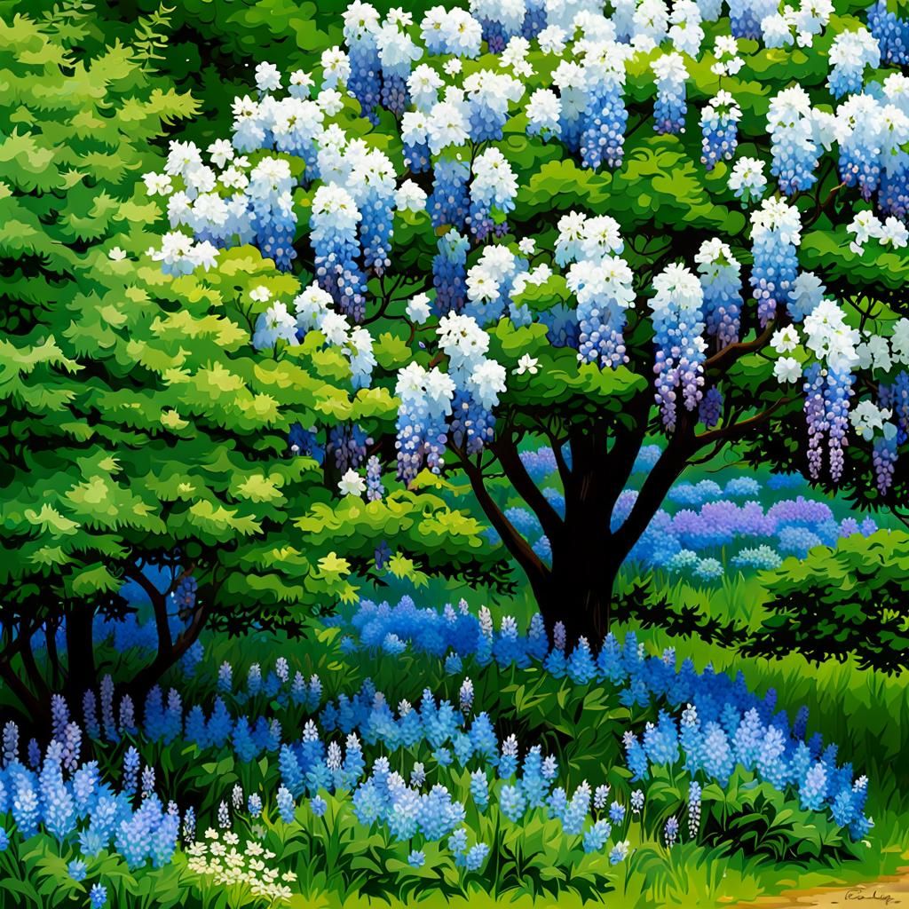 Blue and White Wildflower Meadow with Flowering Trees