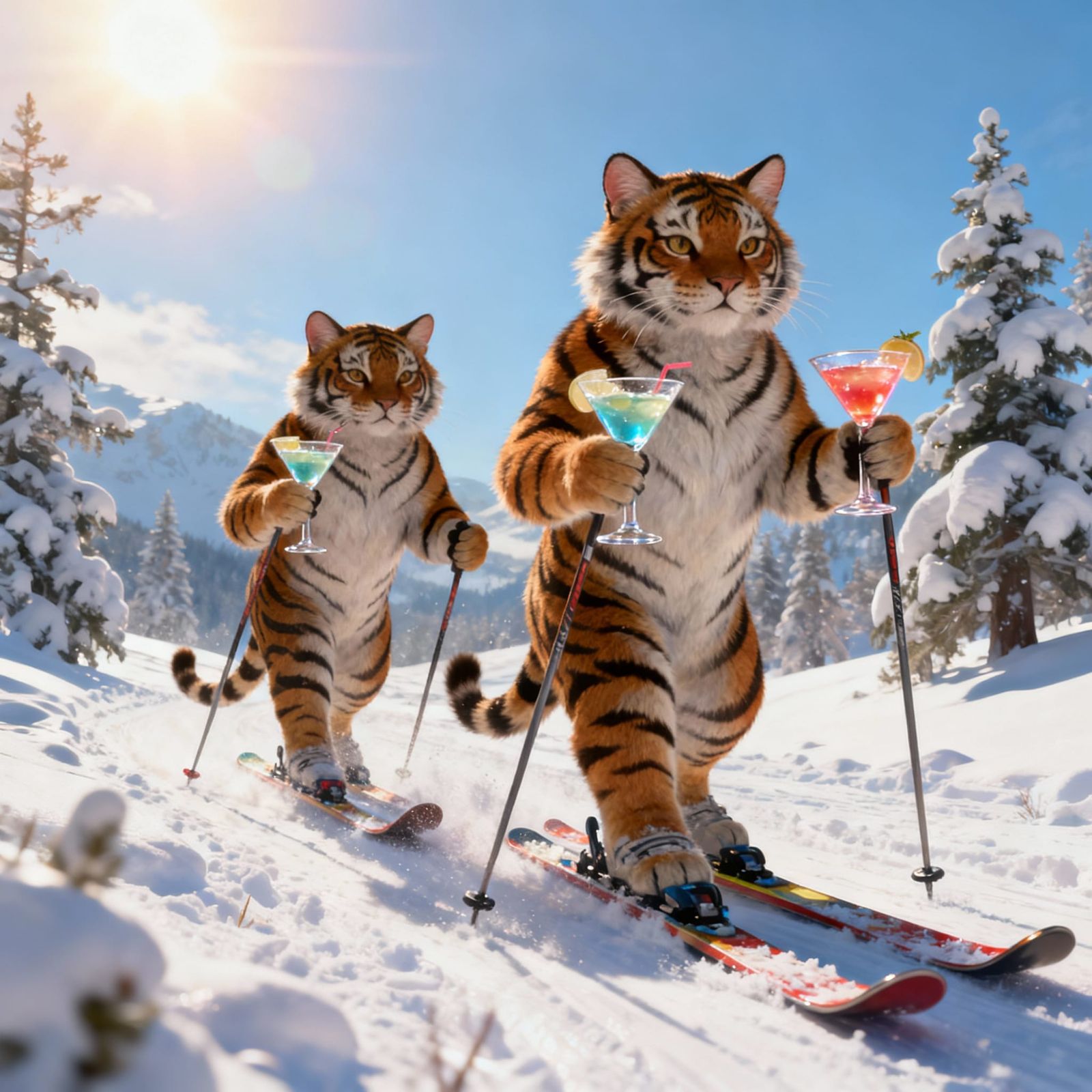Tiger Cats Skiing with Cocktails in Sunny Winter Landscape