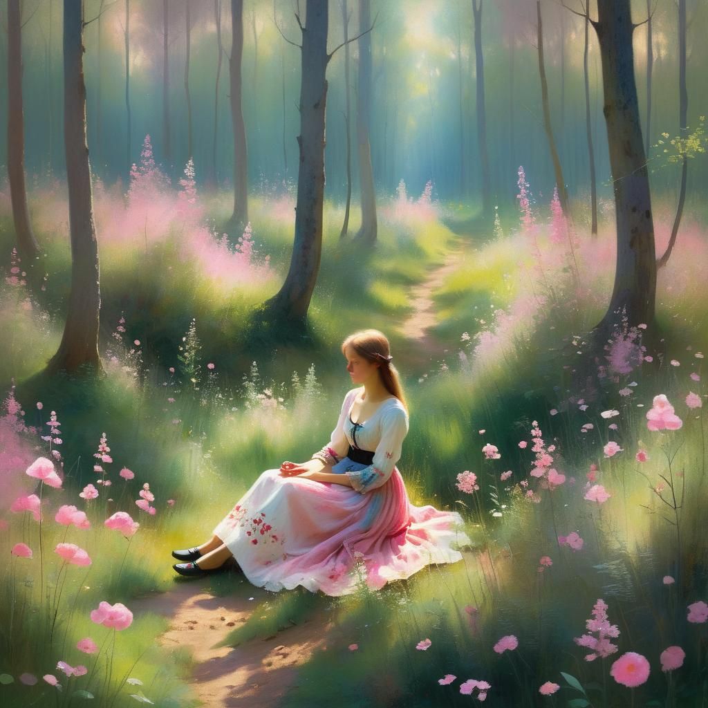 Dreamlike Symbolist Landscape with Woman and Flowers