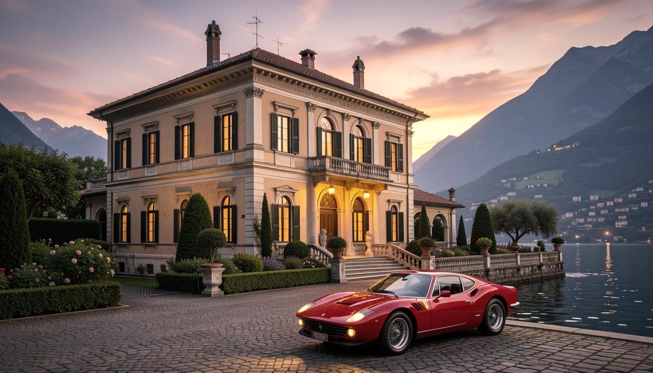 Italian Palazzo and Classic Ferrari by Lake Como