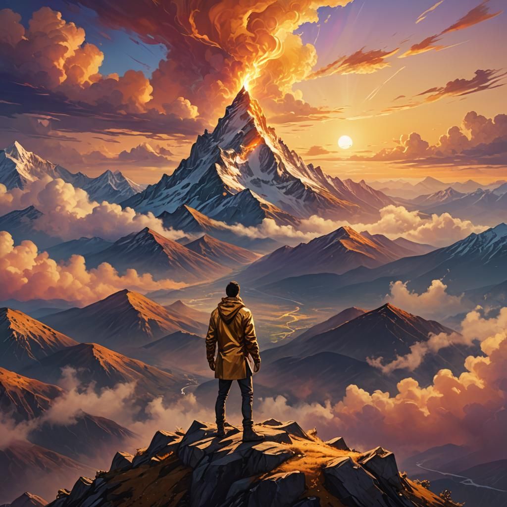 Majestic Figure on Mountain Peak in Digital Art