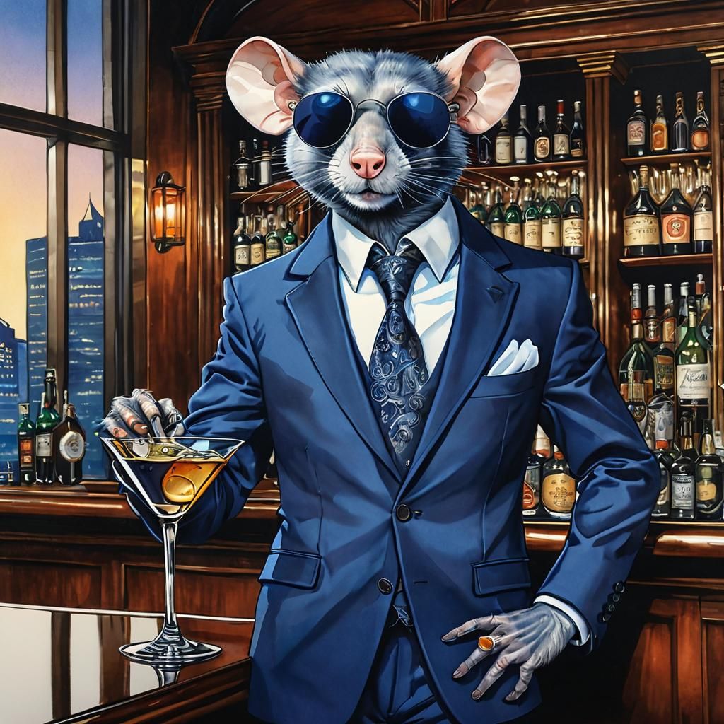 Humanoid Rat Spy in Suit with Martini, Marker Drawing
