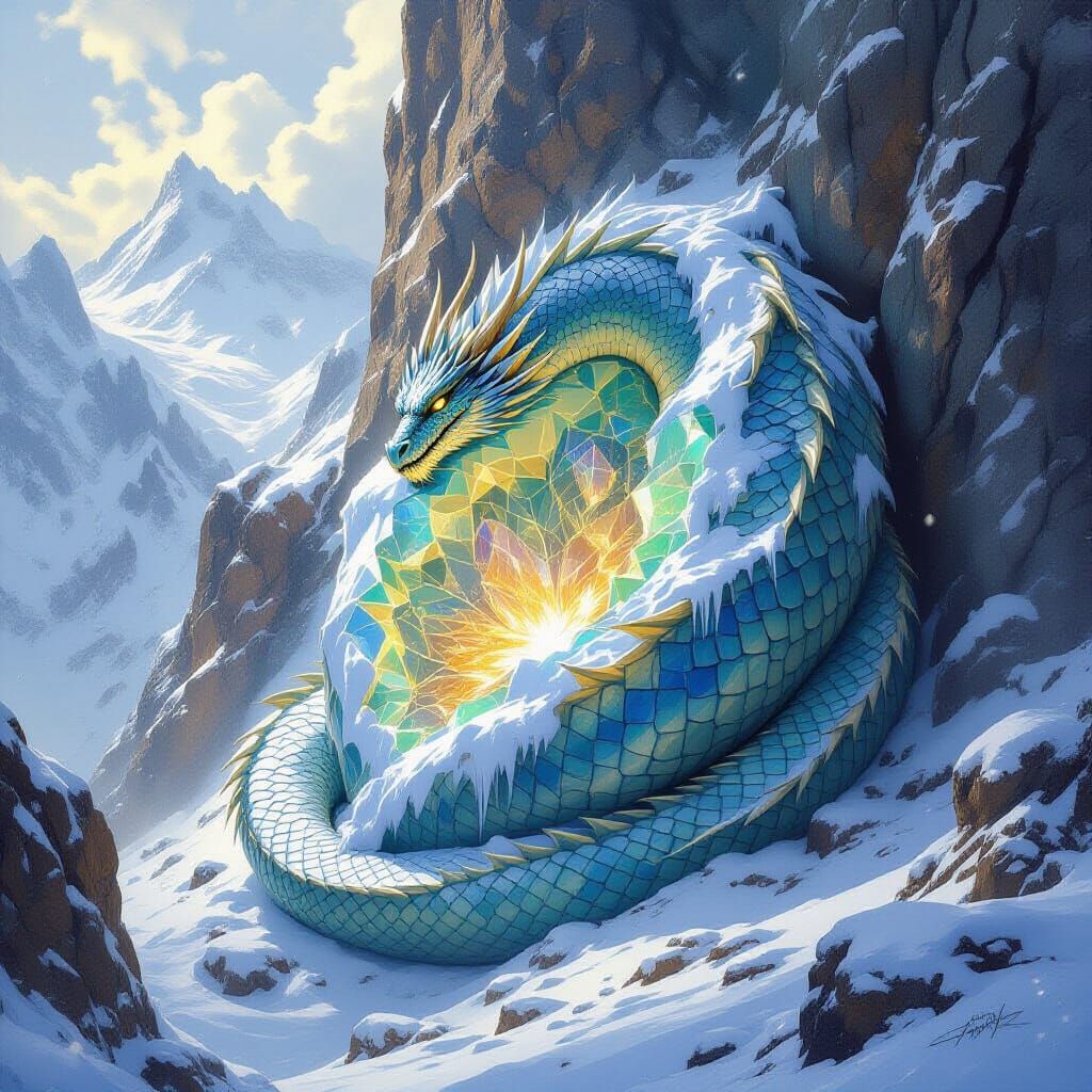 Ancient Dragon Sleeps on Crystalline Geode in Mountain