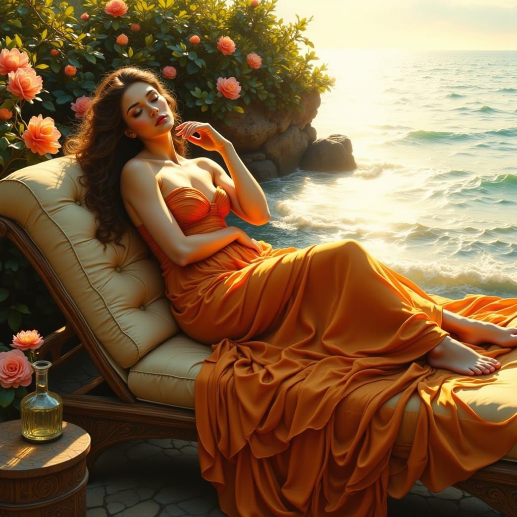 Victorian Painting of Woman in Orange Silk Gown