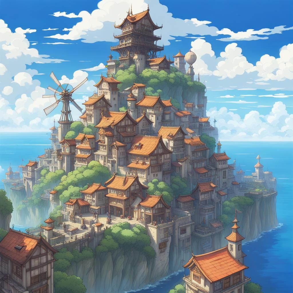 Sky Island City in Studio Ghibli Anime Style