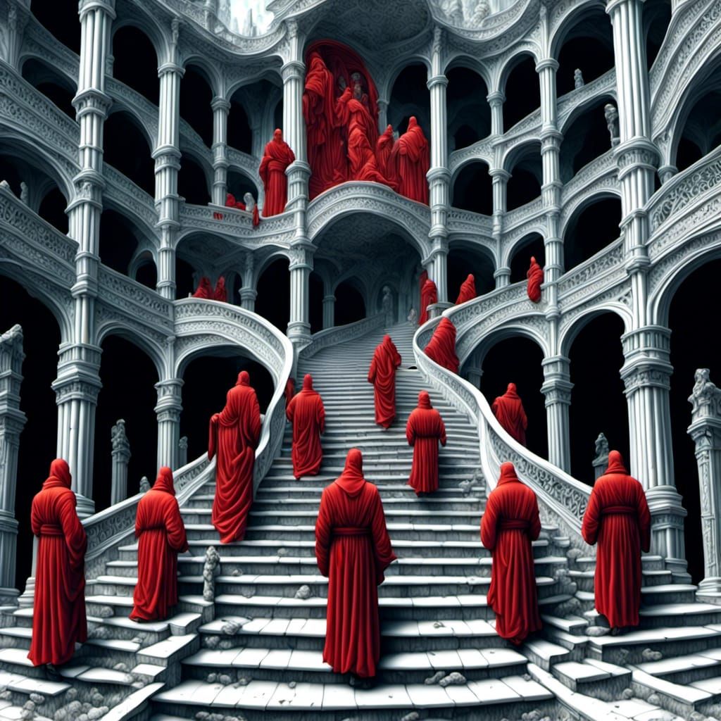 Monks Climb Mandelbulb Staircase Inspired by Escher