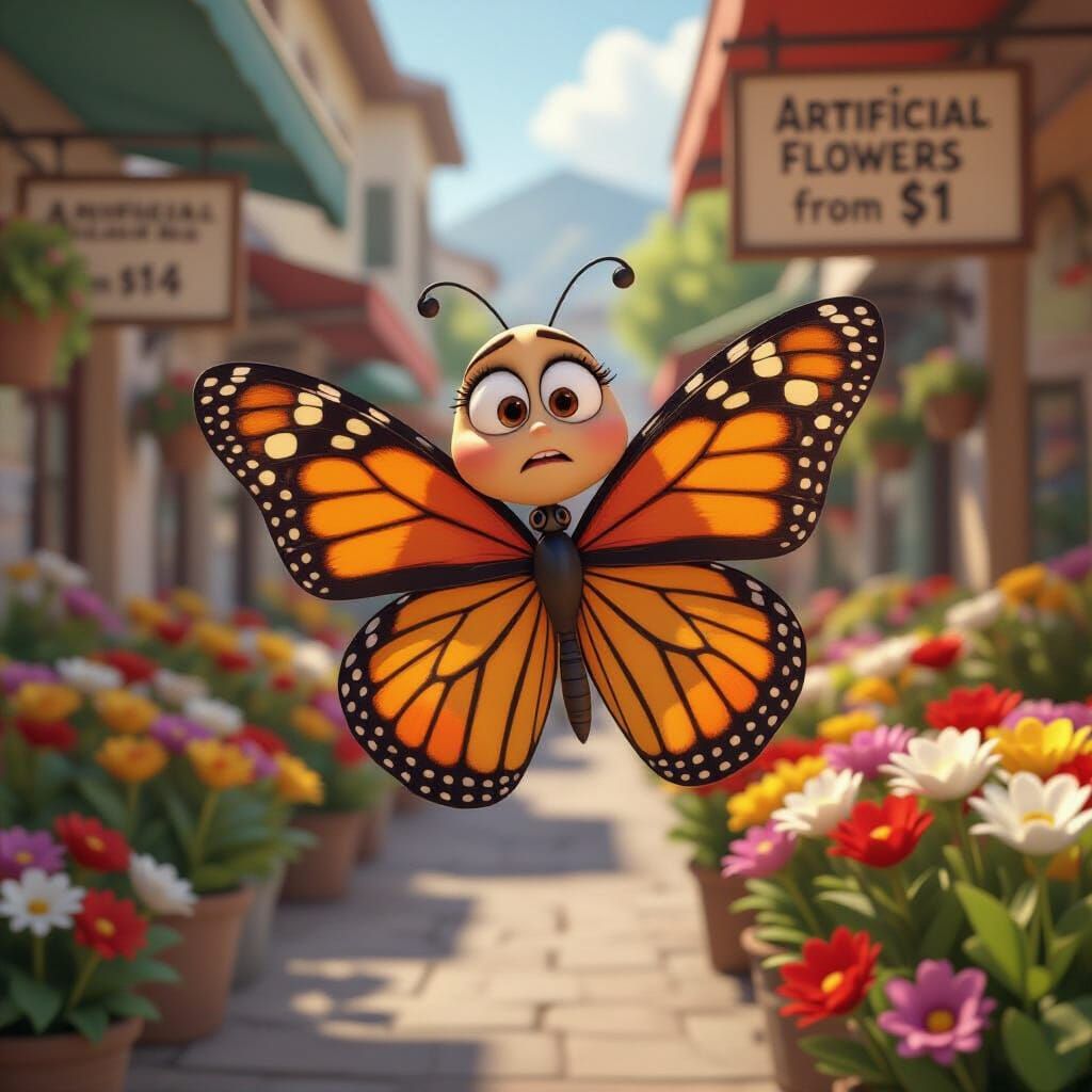 Confused Butterfly at Artificial Flower Stall, Pixar Style