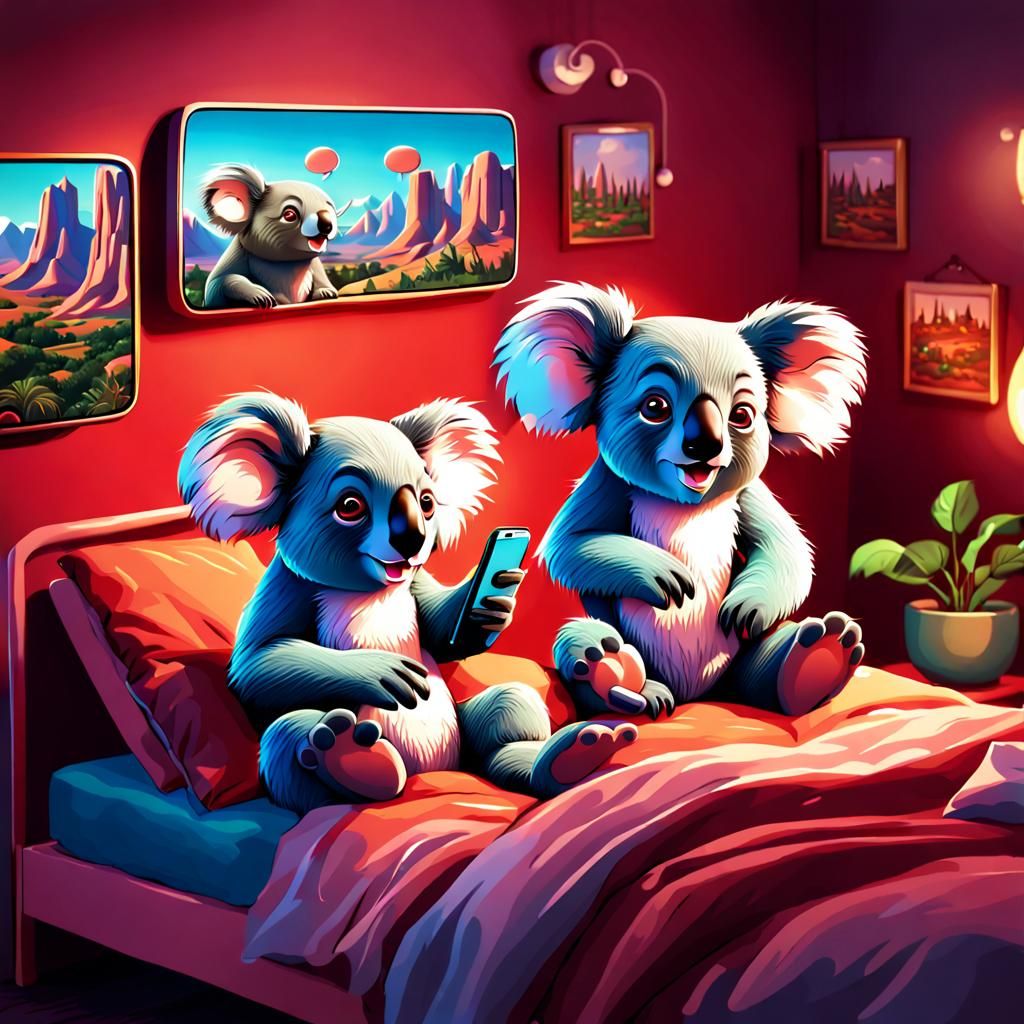 Koala's Humorous Smartphone Chat: Detailed Digital Art