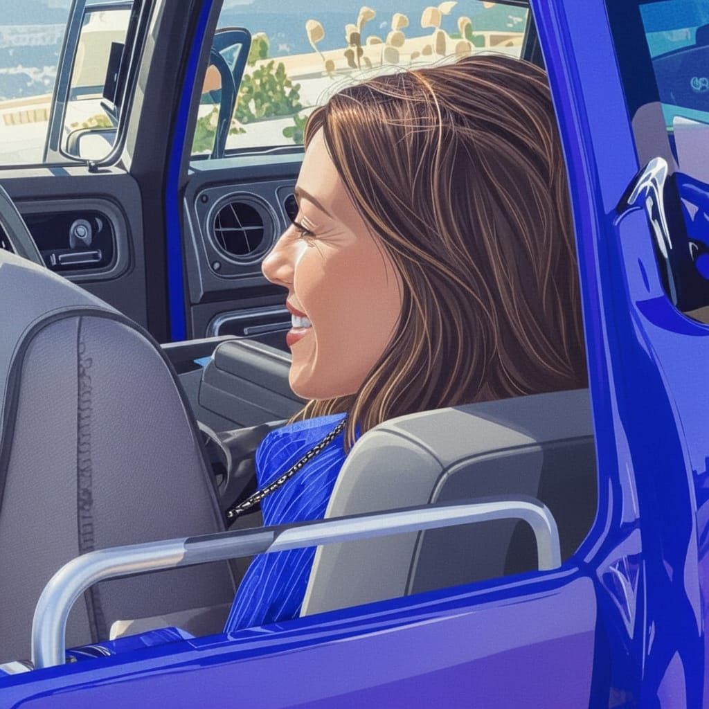 Woman Rides Passenger Side of Truck