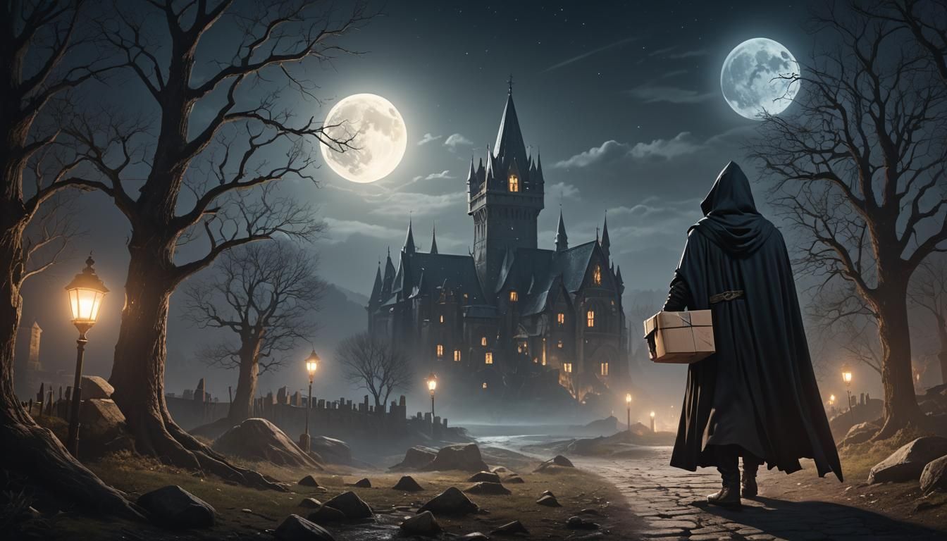 Mysterious Figure with Package in Moonlight